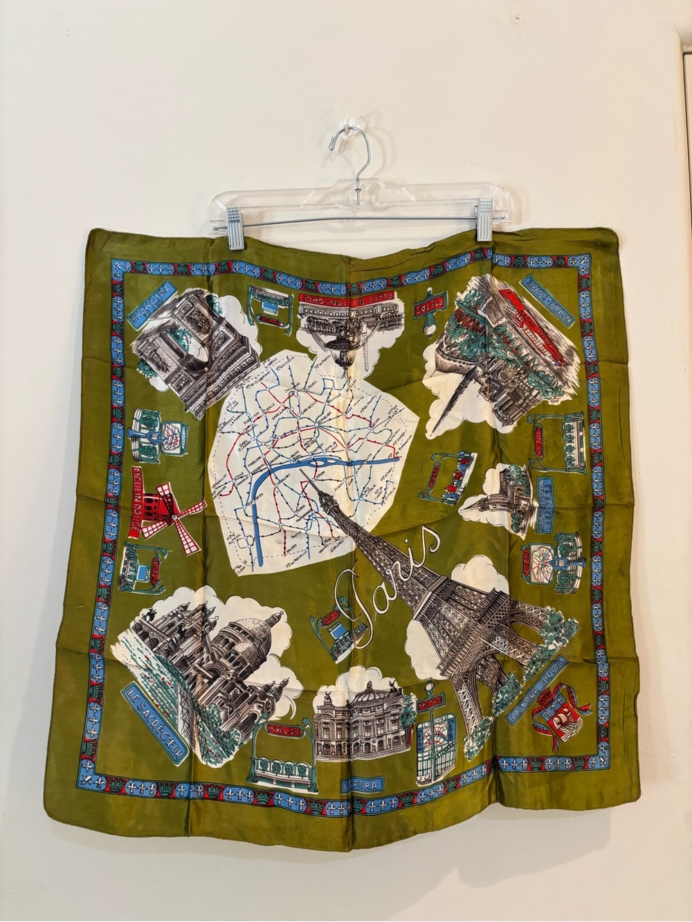 Paris Landmark Silk like Scarf in Olive Green 26” square